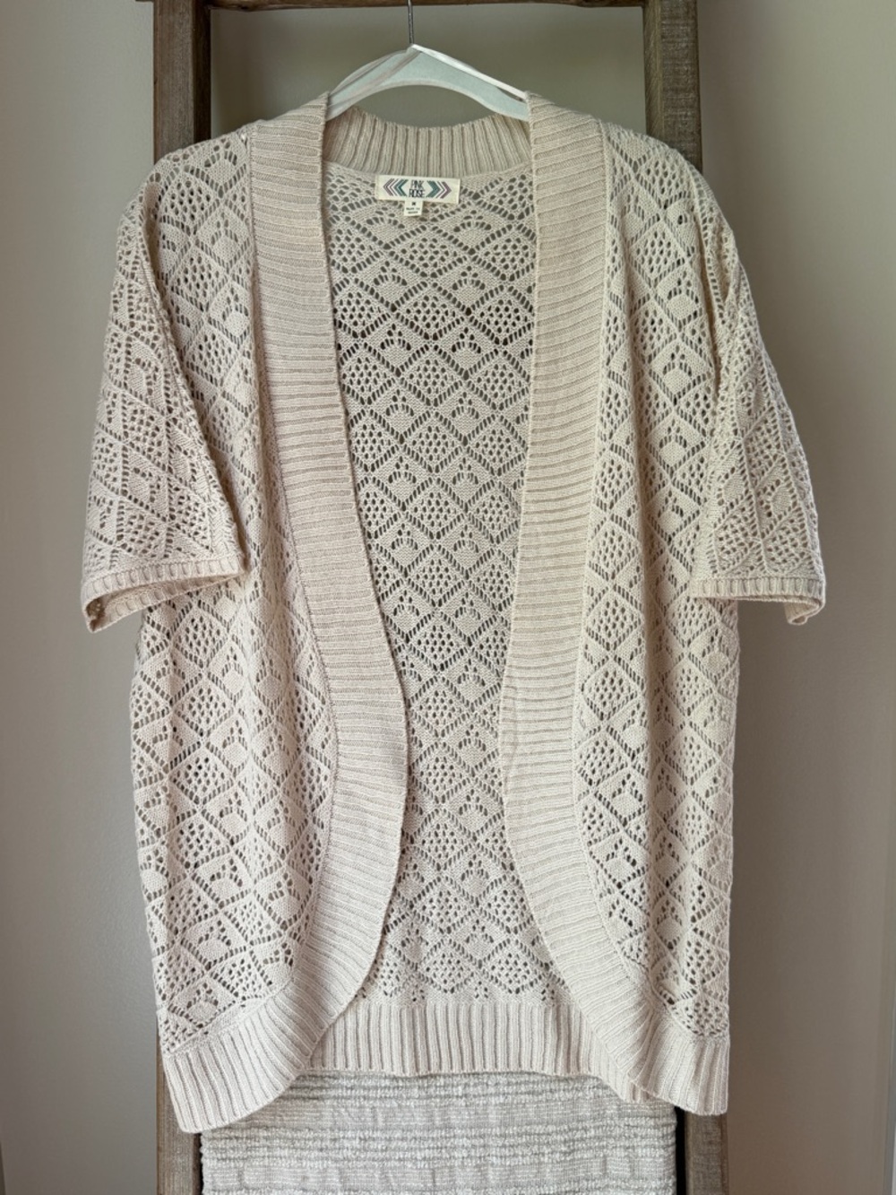Pink Rose Open Weave Short Sleeve Cardigan - Soft Cream